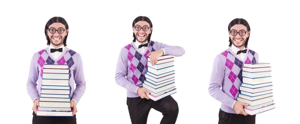 Estudante engraçado com livros isolados em branco — Fotografia de Stock