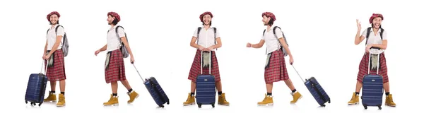 Mann im schottischen Rock mit Koffer isoliert auf weiß — Stockfoto