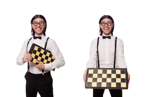 Funny man with chessboard isolated on white — Stock Photo, Image