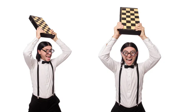 Nerd chess player isolated on white — Stock Photo, Image