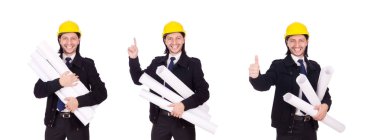 Genç inşaat mimarı beyazın üzerinde izole edilmiş.