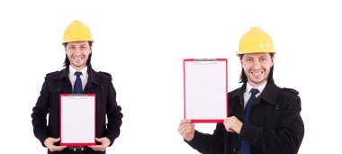 Genç inşaat mimarı beyazın üzerinde izole edilmiş.