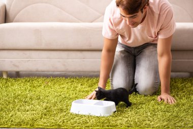 Genç adam evde kedi yavrusuyla oynuyor.