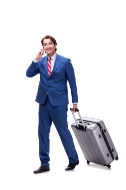 Genç yakışıklı işadamı beyaz izole çanta 