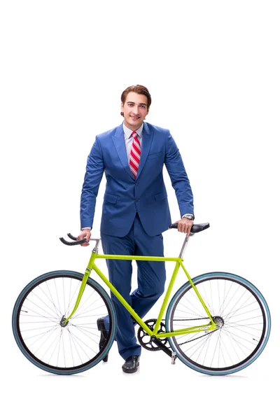 Empresário com bicicleta isolada em fundo branco — Fotografia de Stock