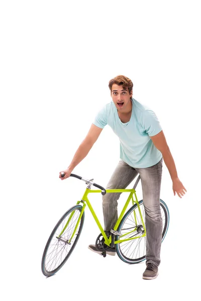 Jovem montando uma bicicleta isolada no fundo branco — Fotografia de Stock