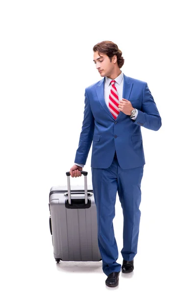 Young handsome businessman with suitcase isolated on white — Stock Photo, Image