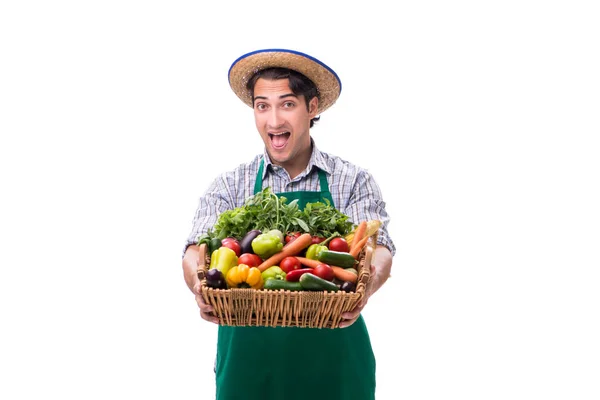 Joven agricultor con productos frescos aislados sobre fondo blanco — Foto de Stock