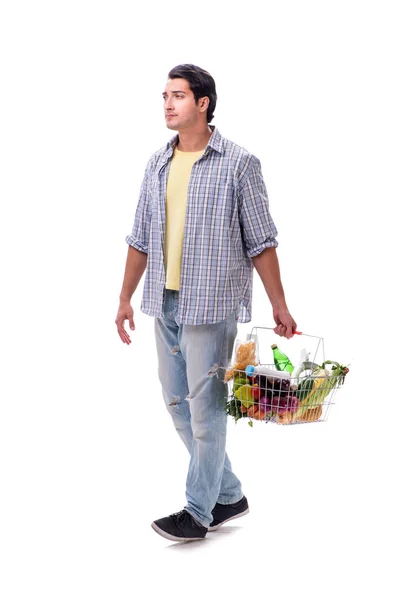 Joven con su tienda de comestibles en blanco — Foto de Stock