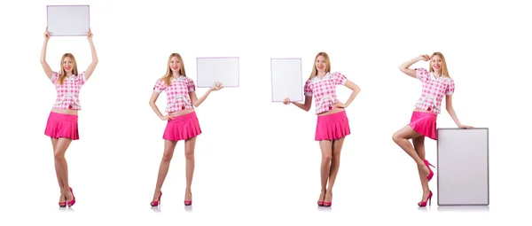 Menina loira em rosa com cartaz isolado em branco — Fotografia de Stock