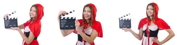 Ung kvinna servitör med film board isolerad på vit — Stockfoto