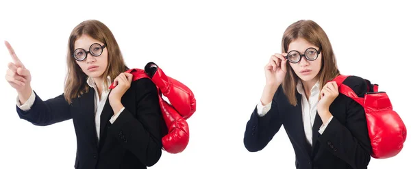 Grappige vrouwelijke werknemer bokser geïsoleerd op wit — Stockfoto