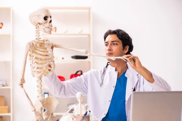 Mladý mužský lékař s kostrou — Stock fotografie