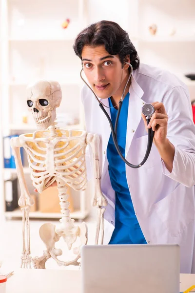 Jovem médico masculino com esqueleto — Fotografia de Stock