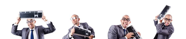 Nerd biznesmen z klawiatury komputera na biały — Zdjęcie stockowe