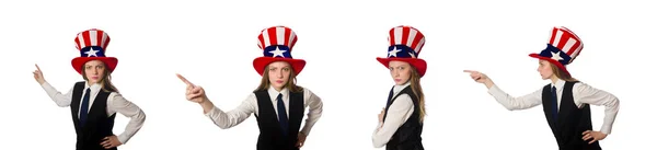 Vrouw met hoed met Amerikaanse symbolen — Stockfoto