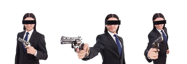 Fiatal férfi fedett szemmel és fegyvert elszigetelt fehér — Stock Fotó