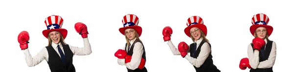 Woman with boxing gloves isolated on white — Stock Photo, Image