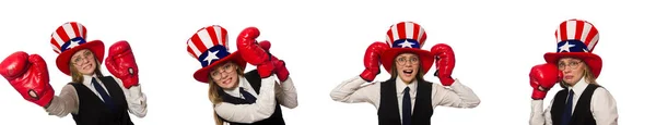 Woman with boxing gloves isolated on white — Stock Photo, Image