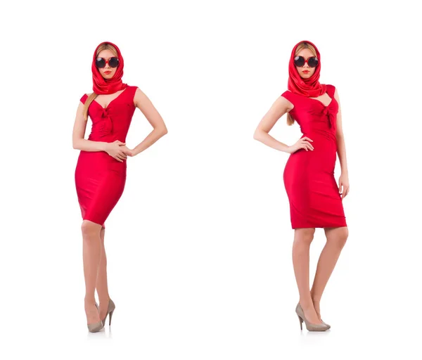 Blondie in abito rosso isolato su bianco — Foto Stock