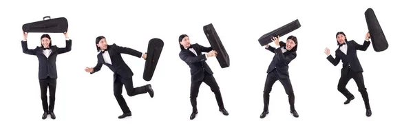 Mann mit Geigenkoffer isoliert auf weiß — Stockfoto