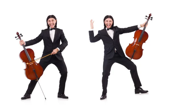 Homme drôle avec instrument de musique sur blanc — Photo