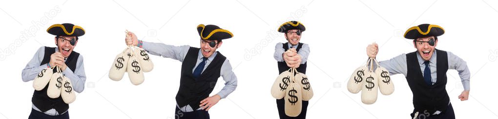 One-eyed man with moneybags isolated on white