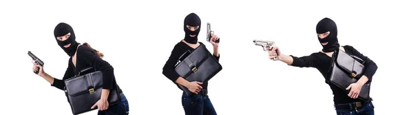 Kriminell med pistol isolerad på vit — Stockfoto