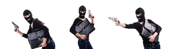 Criminal with gun isolated on white — Stock Photo, Image