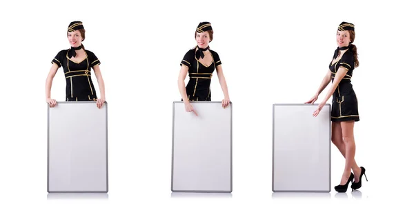 Stewardess with blank board on white — Stock Photo, Image