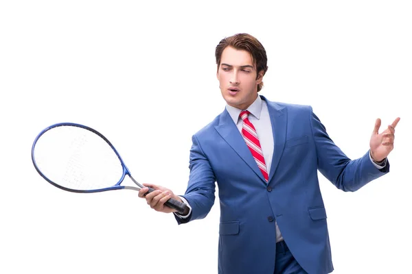 Elegante hombre con raqueta de tenis aislada en blanco — Foto de Stock