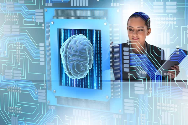 Concepto computacional cognitivo con botones de mujer presionando — Foto de Stock
