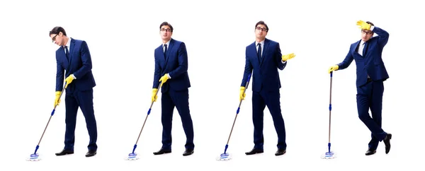 Young handsome businessman with mop isolated on white — Stock Photo, Image