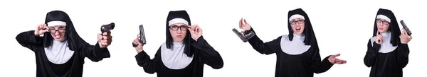 Nun with handgun isolated on white — Stock Photo, Image