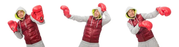 Homem usando luvas de boxe isolado no branco — Fotografia de Stock