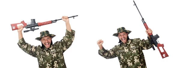 Soldado com armas isoladas em branco — Fotografia de Stock