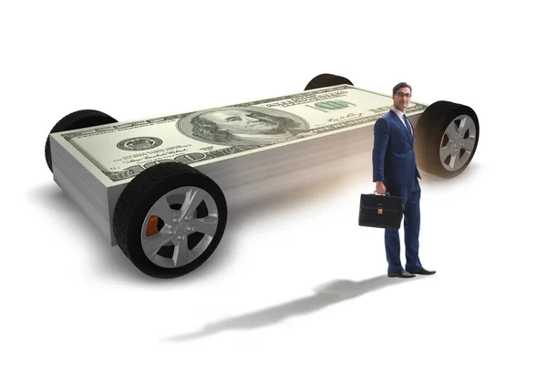 Empresário no conceito de negócio com carro dólar — Fotografia de Stock