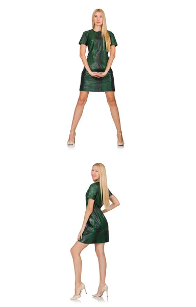 白い服に隔離された緑のドレスの若い女性 — ストック写真