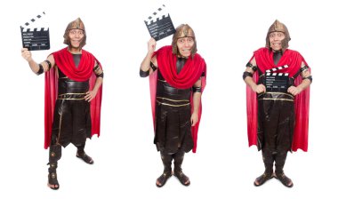 Gladyatör ile üzerine beyaz izole fıçı tahtası