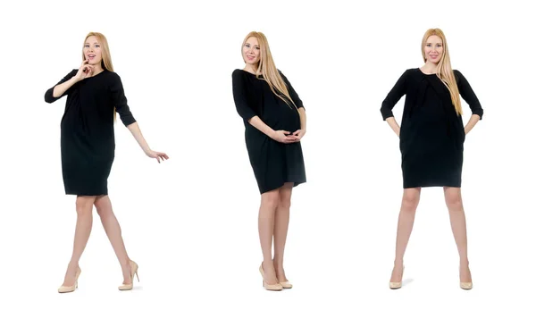 Mulher muito grávida em mini vestido preto isolado no branco — Fotografia de Stock