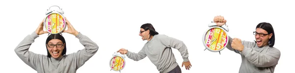 Homme drôle avec horloge isolé sur blanc — Photo