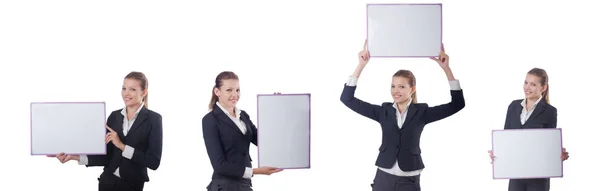 Mulher empresária com placa em branco no branco — Fotografia de Stock