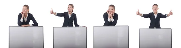 Vrouw zakenvrouw met blanco boord op wit — Stockfoto