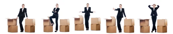 Businesswoman with boxes isolated on white — Stock Photo, Image