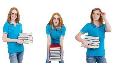 Pek çok kitap üzerinde beyaz izole ile kız öğrenci 