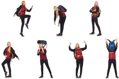 Sırt çantalı genç bir kadın bembeyaz 