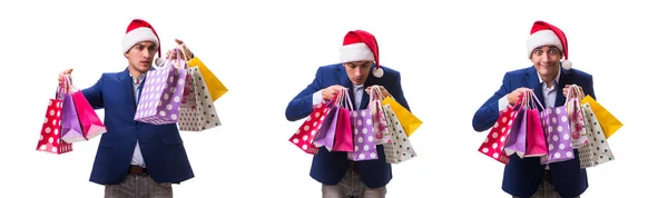 Ung Man Med Väskor Efter Jul Shopping Vit Bakgrund — Stockfoto