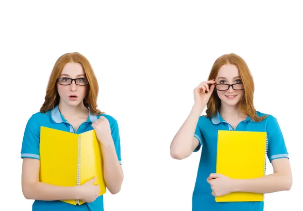 Vrouwelijke student met notes geïsoleerd op wit — Stockfoto