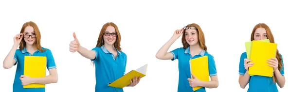 Estudiante femenina con notas aisladas en blanco — Foto de Stock