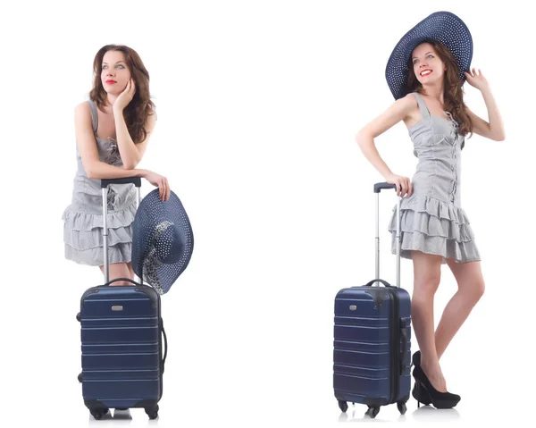 Donna con valigia isolata su bianco — Foto Stock